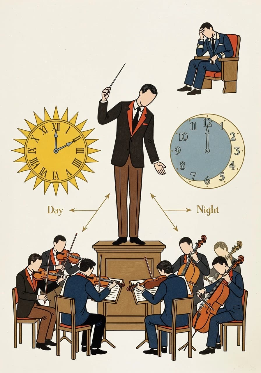 Director de orquesta con relojes día y noche